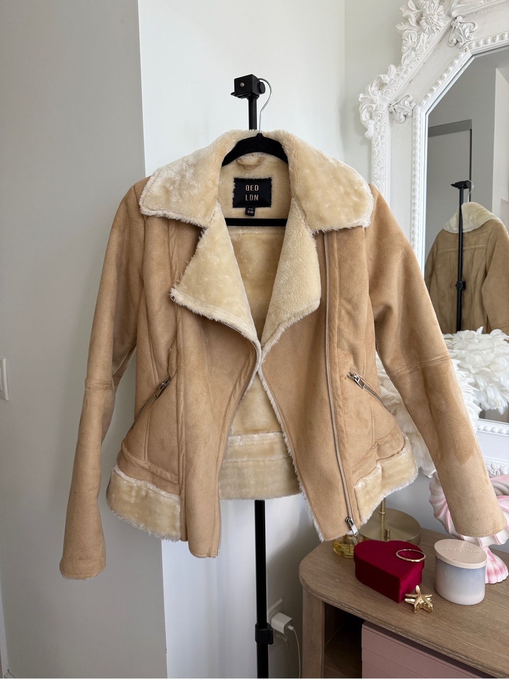 Tan Faux Shearling Suede Moto Jacket